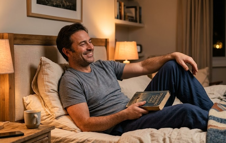 Meleg fényű esti rituálé: könyv, tea, nyugodt légkör lefekvés előtt